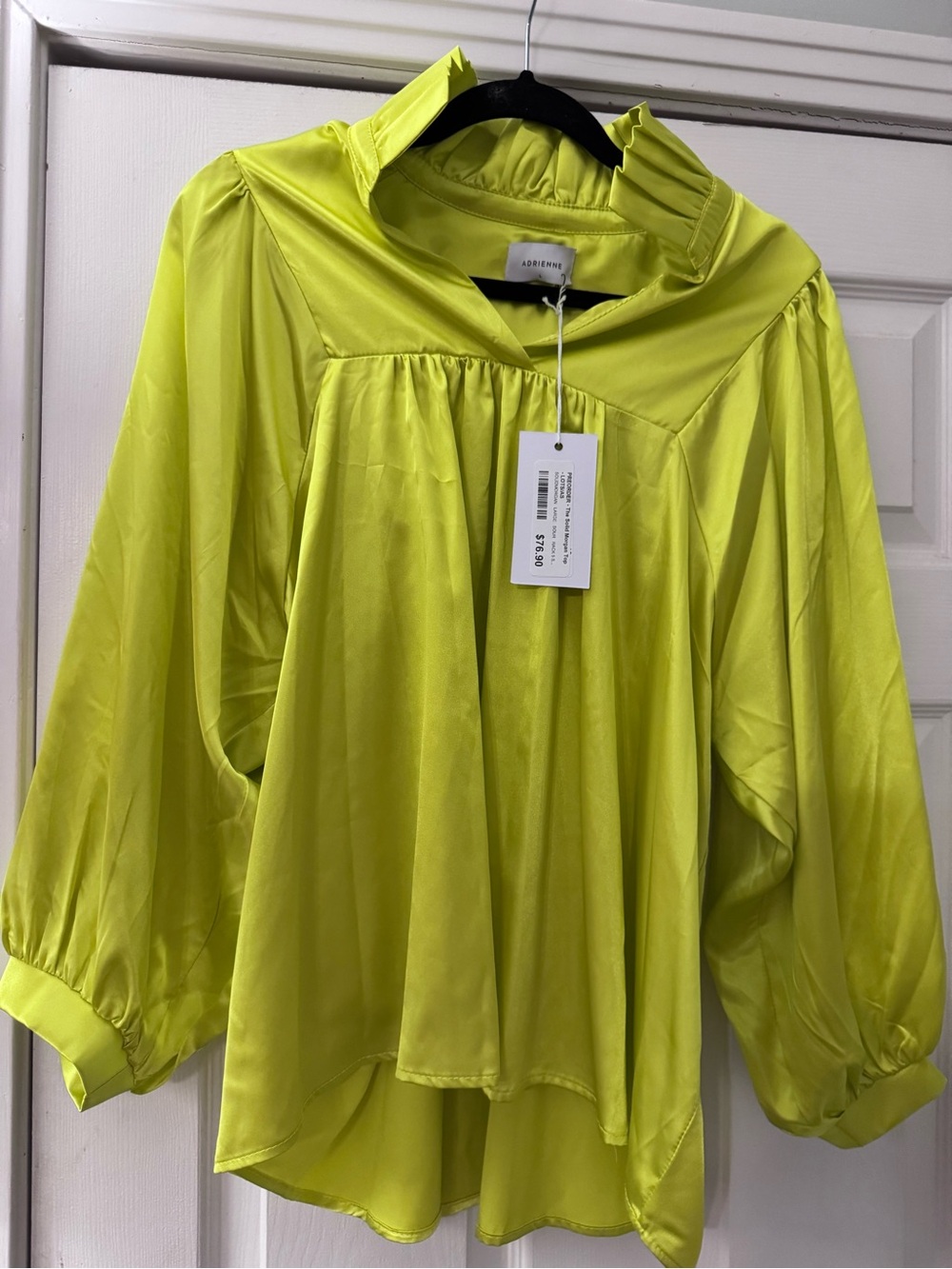 Adrienne Neon Lime Long Sleeve Gathered Satin Blouse
